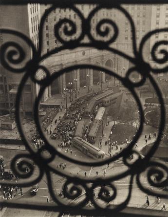 (BOURKE-WHITE, MARGARET) (1904-1971) Public Square (Terminal Tower), Seen Through a Williamson Building Grill, Cleveland, Ohio * Ter